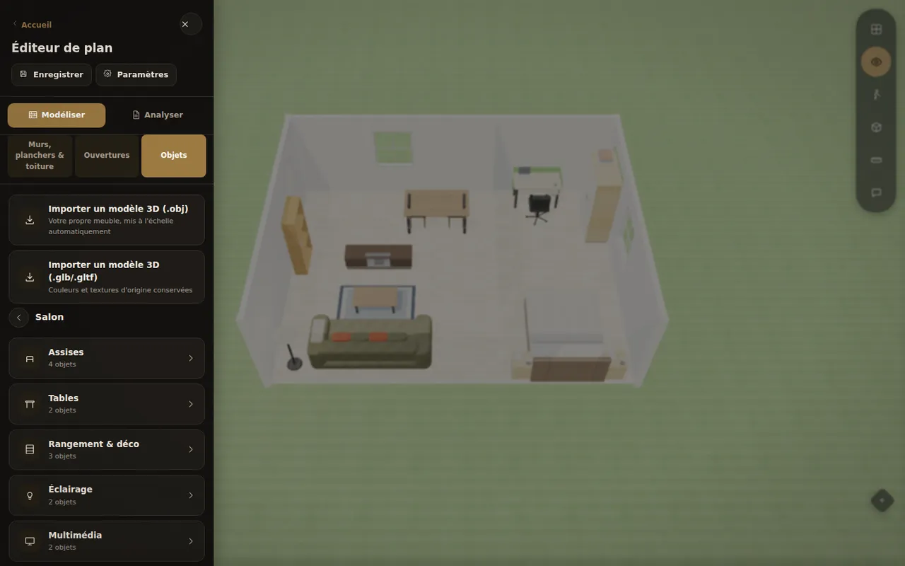 Catalogue de meubles du simulateur 3D ouvert sur la catégorie Salon