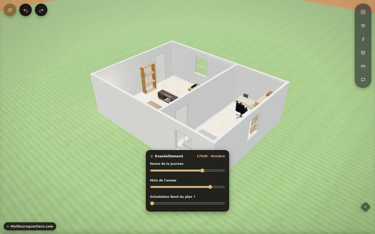Panneau d'ensoleillement du simulateur 3D réglé sur 17 heures en octobre
