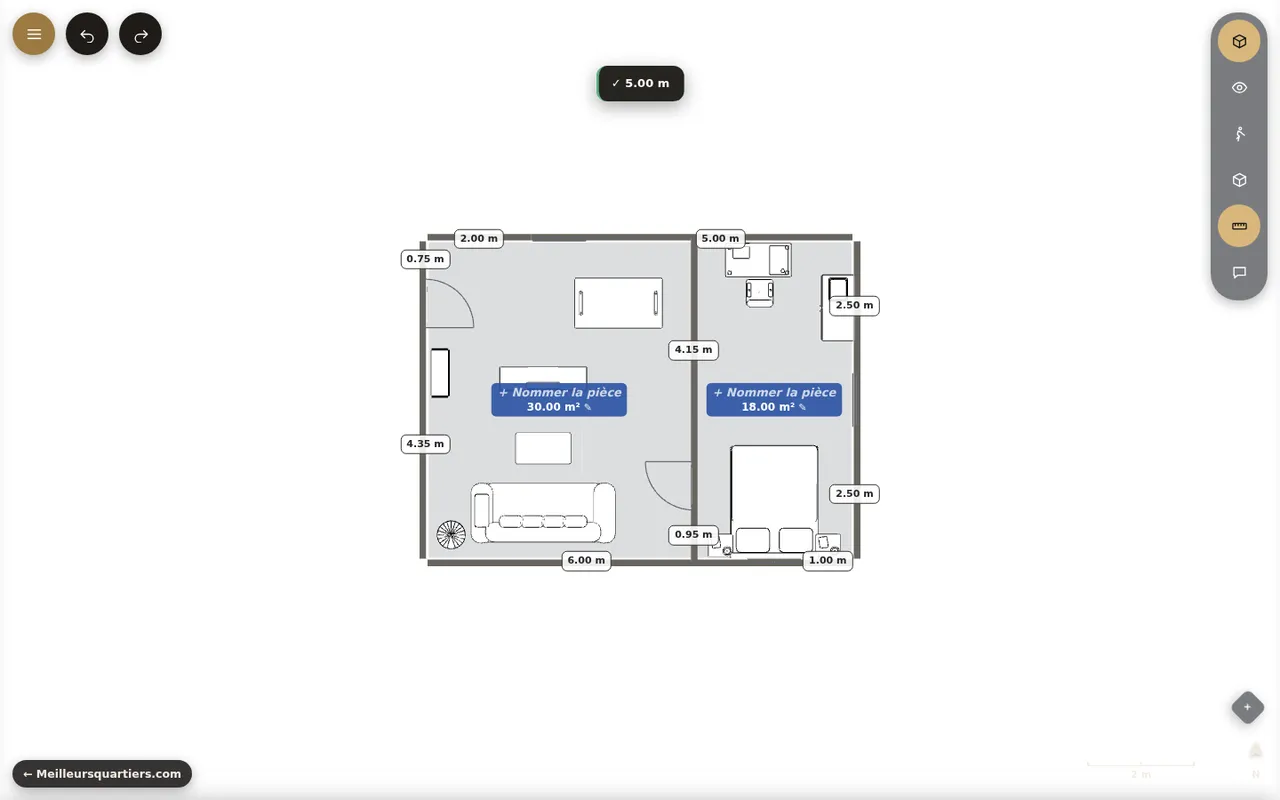 Outil de mesure du simulateur 3D affichant une distance de 5 mètres sur le plan