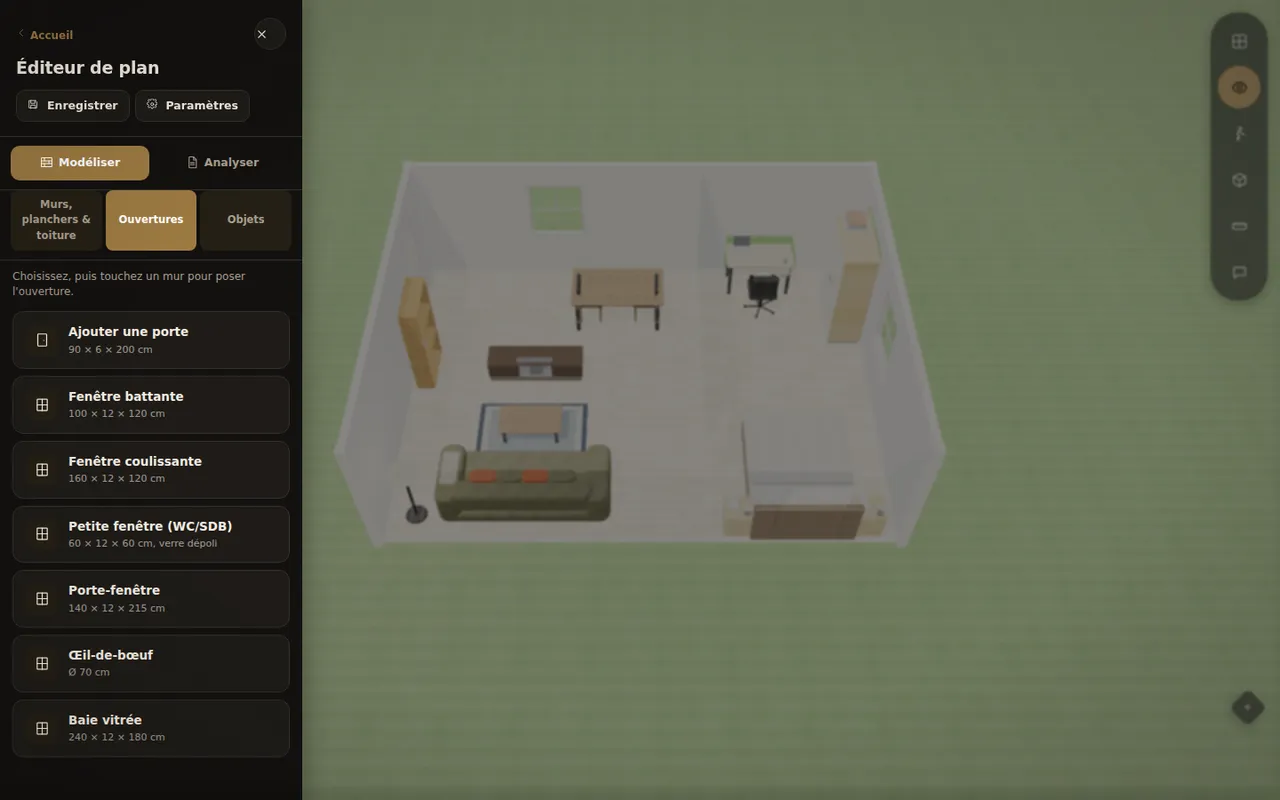 Liste des portes et fenêtres disponibles dans le simulateur 3D avec leurs dimensions